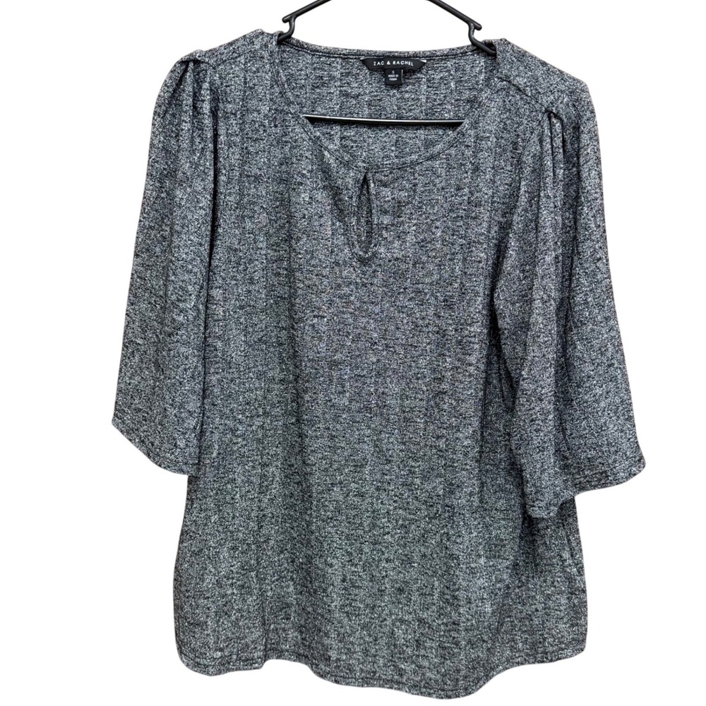 Zac & Rachel Women's Gray Metallic Puff Sleeve Keyhole Ribbed Knit Top Size S